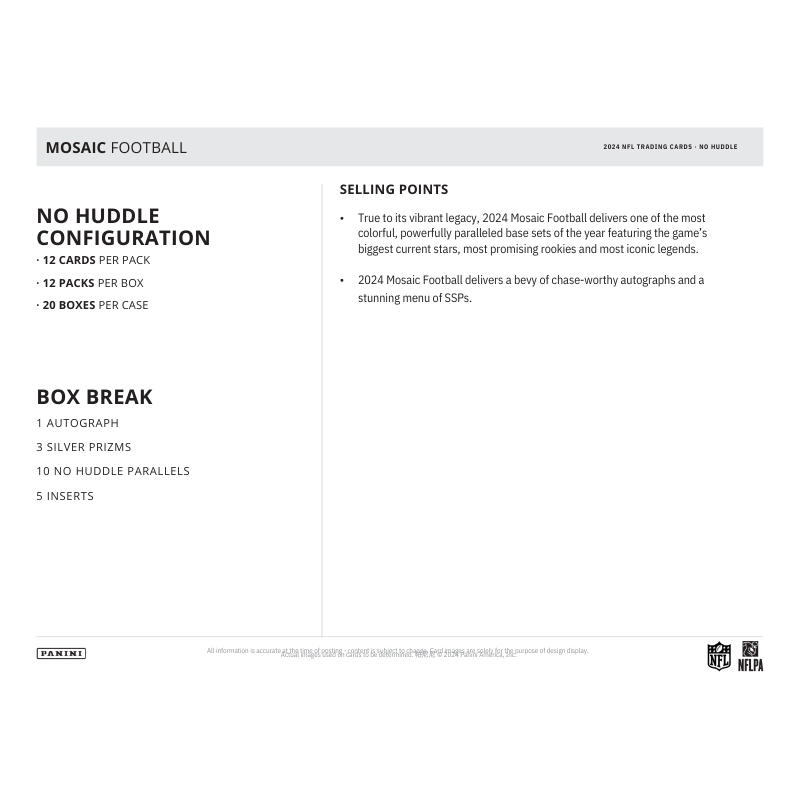 2024 Panini Mosaic Football No Huddle 20 Box Case